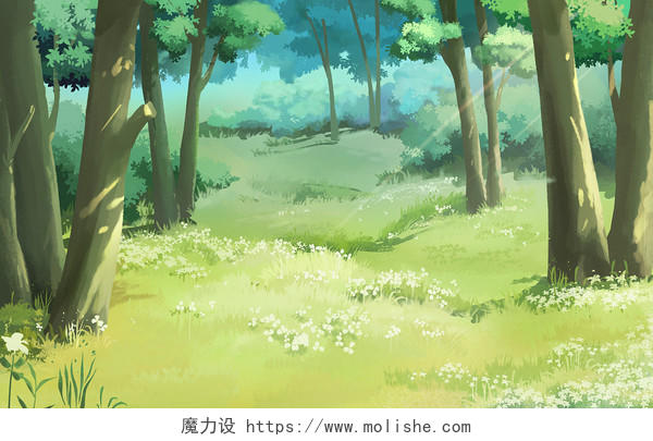 静谧唯美森林草地横板插画森林插画
